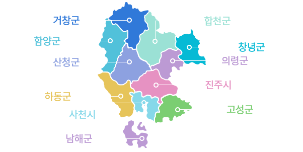 관할구역소개 지도 - 거창군,합천군,함양군,산청군,하동군,남해군,사천시,고성군,의령군,창녕군으로 구성.