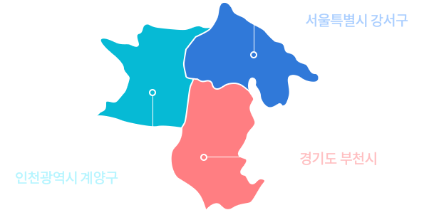 관할구역소개 지도 - 서울특별시 강서구(김포국제공항 항역 내), 인천광역시 계양구(김포국제공항 항역 내), 경기도 부천시(김포국제공항 항역 내)로 구성.