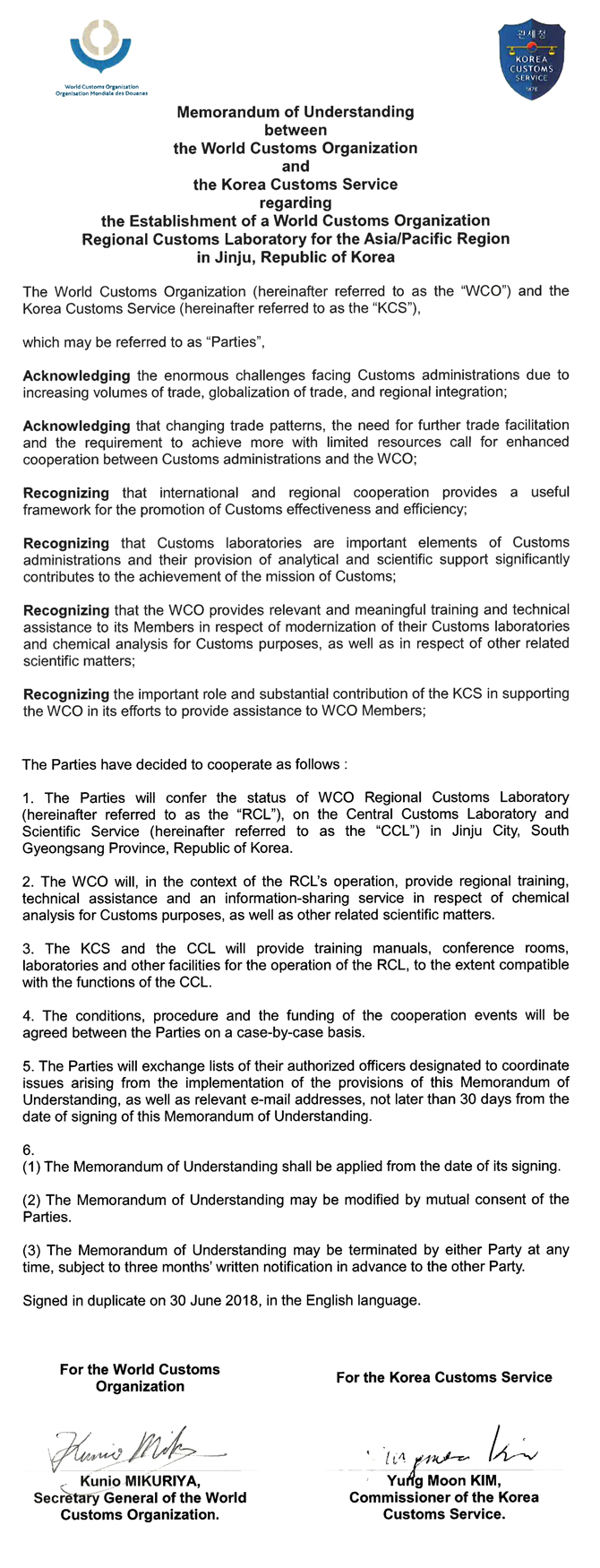 Appointment of CCL Korea as WCO RCL Jun.30, 2018