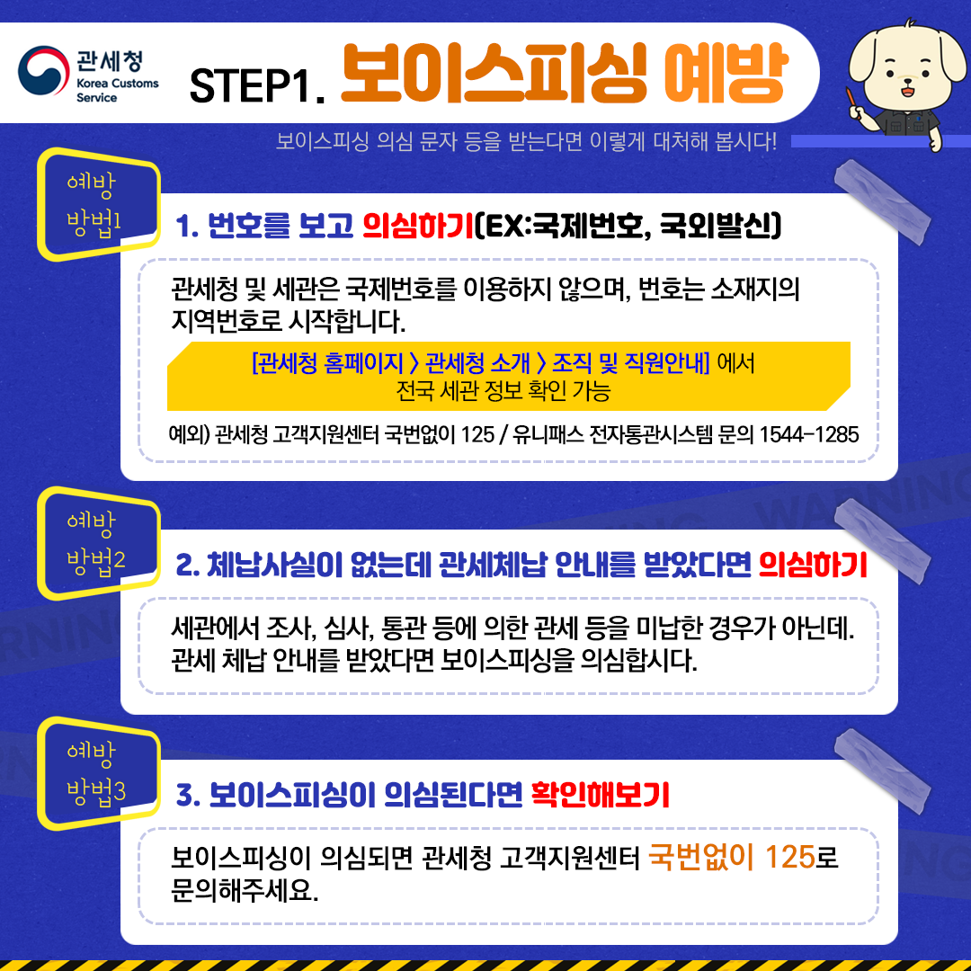 예방방법1 번호를 보고 의심하기(EX: 국제번호, 국외발신) 2. 체납사실이 없는데 관세체납 안내를 받았다면 의심하기 3. 보이스피싱이 의심된다면 확인해보기